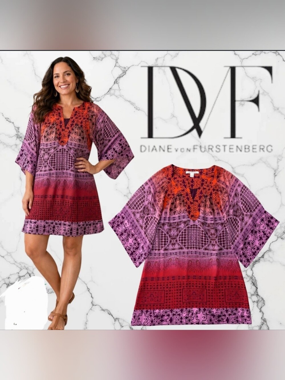 DVF Diane von Furstenberg | Silk Geometric Mosaic Shift Dress / Tunic | Size 6